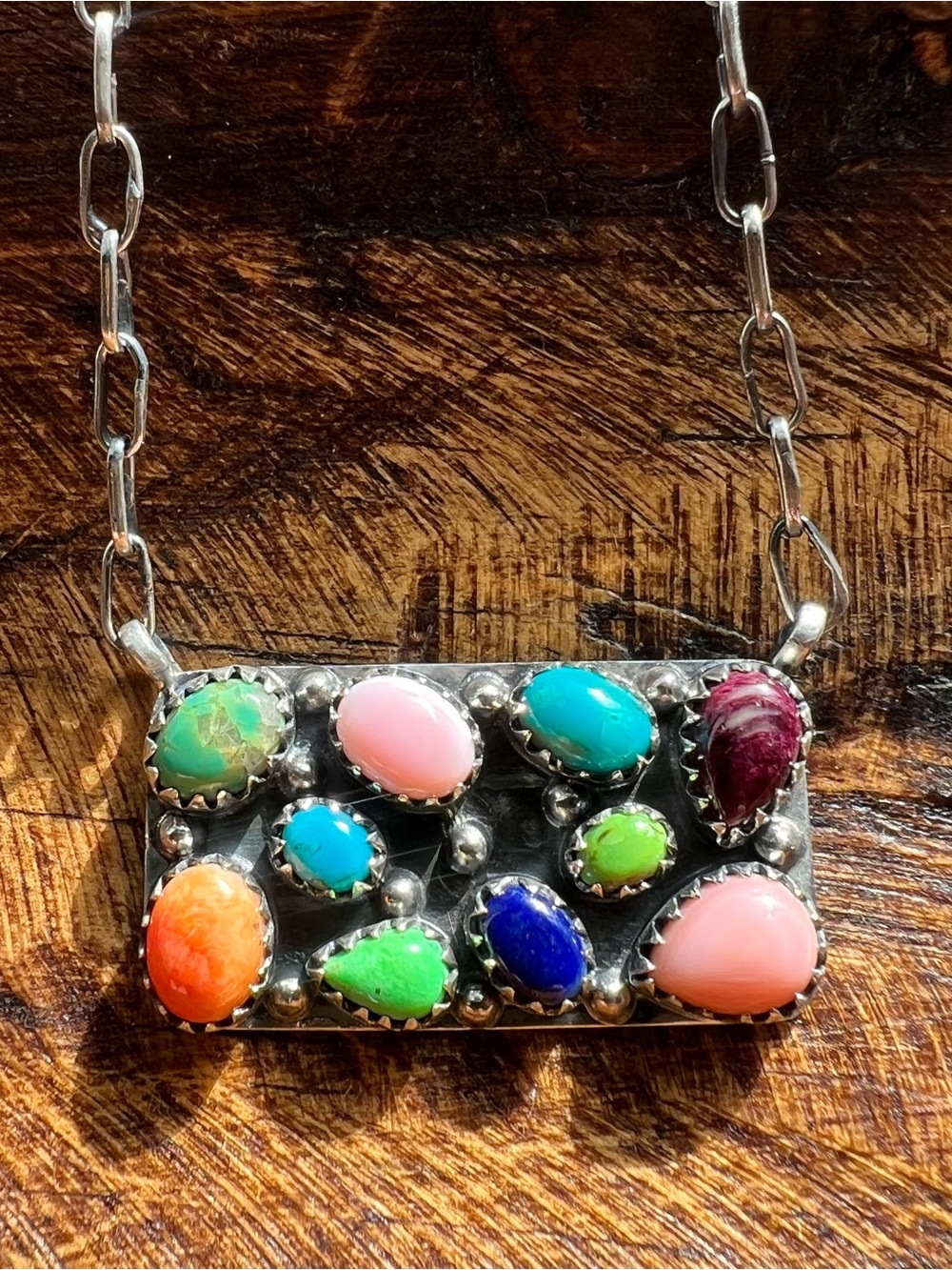 Sterling Silver Multistone Bar Necklace Turquoise Conch Spiny Oyster